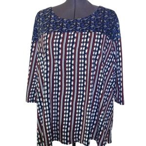 ULLA POPKEN Women's plus size 32/34 red blue white cotton tunic top pull over